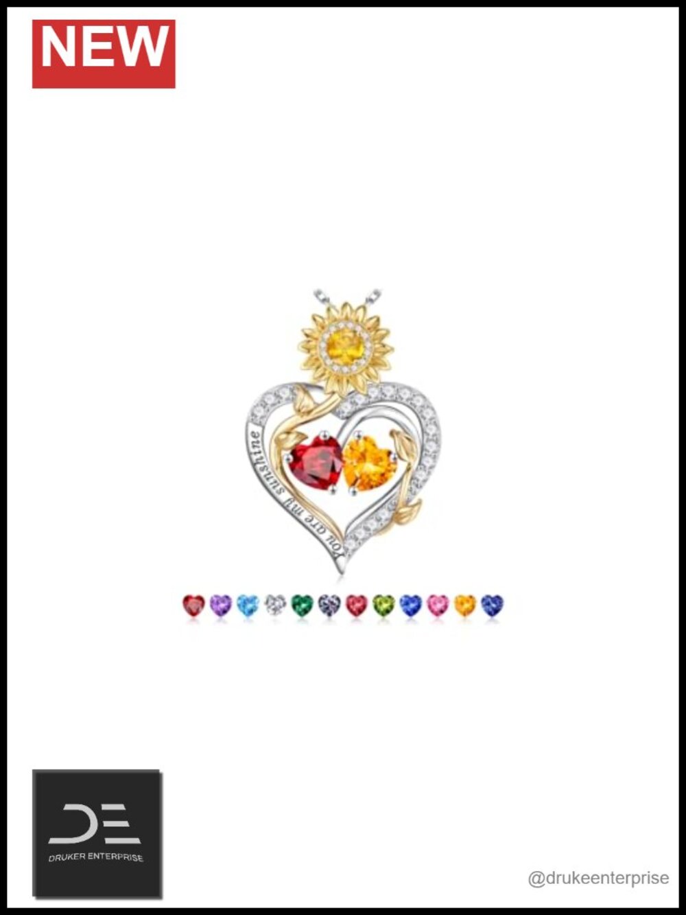 925 Sterling Silver Sunflower Pendant Necklace Double Birthstone